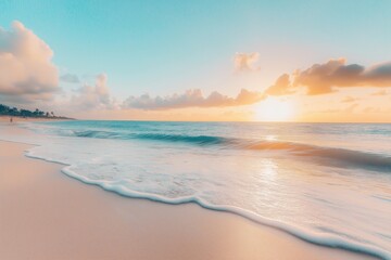 Obraz premium The beach features gentle waves lapping the shore, illuminated by a soft sunset sky, creating a peaceful and calming view.