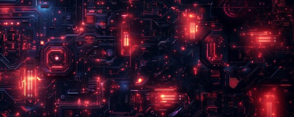 Obraz premium Futuristic wide-format digital landscape with glowing red circuits, intricate pathways, and illuminated nodes on a dark background. High-tech cityscape concept