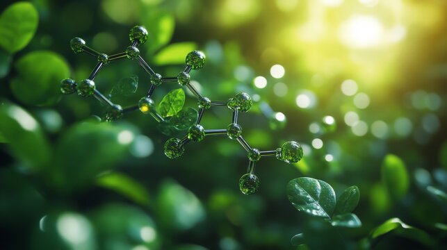 A molecular structure is highlighted amidst vibrant green leaves, showcasing the process of green synthesis in pharmaceuticals.