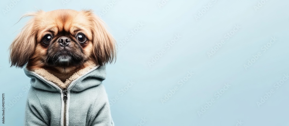 Poster adorable pekingese dog dressed in pet clothing on a light blue backdrop area for text. with copy spa
