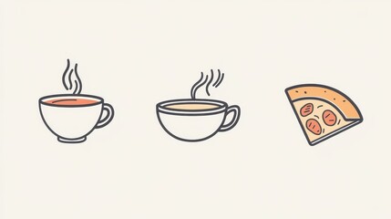 Several steaming cups of beverages and a slice of pizza are depicted in a modern vector line style that highlights culinary offerings