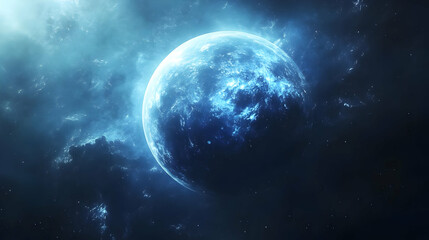 Obraz premium A lone, blue planet with swirling clouds in a vast, dark space.