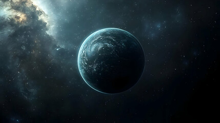 Fototapeta premium A lone, mysterious planet hangs in the vast emptiness of space, illuminated by a distant nebula.