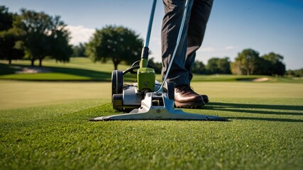 Person using a grass cutting machine on a golf course, showcasing the precision of lawn care in a serene outdoor setting.