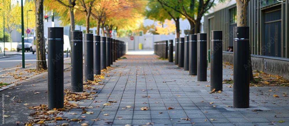 Poster Steel bollards on the sidewalk near parking spaces. with copy space image. Place for adding text or design