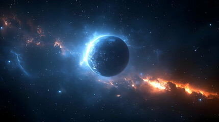 A luminous blue planet in a star-filled cosmic expanse with bright orange and blue nebulae.