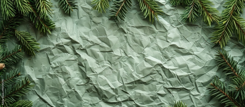 Aufkleber spruce twigs and paper christmas decorations on a wrinkled green linen textile background. with copy