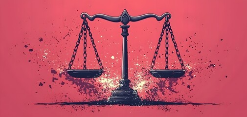 Shattering chains of injustice: The scales of justice breaking free from oppression and despair.