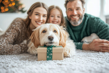 A happy family with their dog, holding up gift boxes for Christmas, and lying on the carpet, the family is smiling & looking into the camera, isolated blurred background with christmas decorations.
