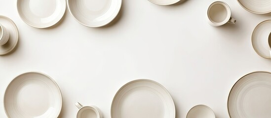 Ceramic tableware design Blank plates and mugs on a white background top view copyspace