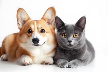 A Corgi Dog and a British Shorthair Cat Posed Together in a Minimalist Studio Setting with a White Background. Marketing Banner for Pet Shop, Veterinary Clinic.