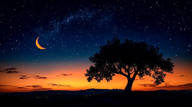 Serene night landscape with a crescent moon and a lone tree against a starry sky. Tranquil animation background.