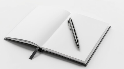 Hard cover black notebook with black pen, isolated on clean background, perfect for business and academic work