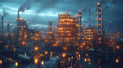 Fototapeta premium A hybrid renewable energy facility showcases energy flow with illuminated structures against a cloudy dusk sky.