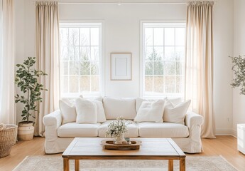 Modern Minimalist Living Room with White Sofa Wooden Coffee Table and Natural Light