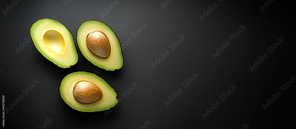 Aufkleber halved avocado on a black background with room for your text. with copy space image. place for addin
