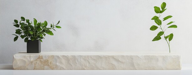 Stone Platform with Plants and White Wall Background