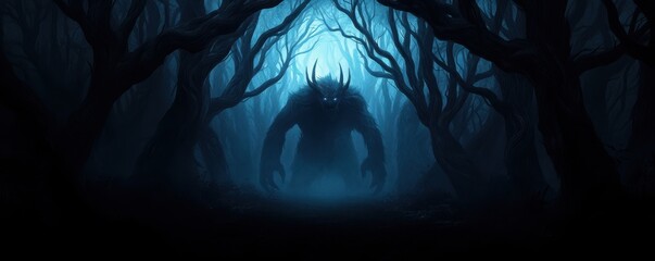 A mysterious creature lurks in a shadowy forest, illuminated by an eerie blue light, creating an atmosphere of suspense and intrigue.