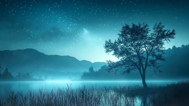 Mystical lone tree by a mist-covered lake under a starry night sky. Tranquil animation background.