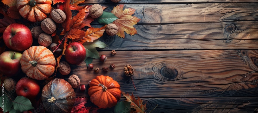 Poster Happy Thanksgiving day Fresh pumpkins acorns apples walnuts and fallen leaves on a wooden table outside with a space for text. with copy space image. Place for adding text or design