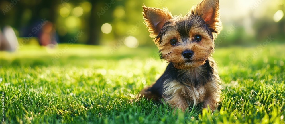 Poster a yorkshire terrier puppy sits on green grass playful and funny puppy domestic pets. with copy space