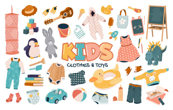 Set of clothes, cute plush and plastic toys for kids. Clothing, chalkboard, car, shoes, tablet, books, musical instruments for preschool boys and girls. Isolated flat vector illustrations on white.