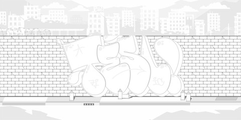 Trendy Brick Wall With Street Art Graffiti Drawing Coloring Page With Background Of The Cityscape