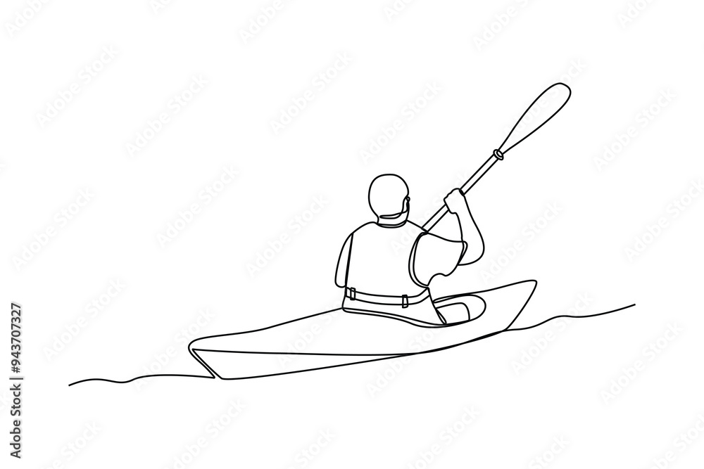 Wall mural Single continuous line drawing young man use canoe at sea. Sea activity minimalist concept. Trendy one line draw design vector graphic illustration