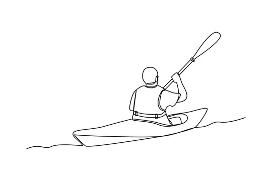 recommend clip art: Single continuous line drawing young man use canoe at sea. Sea activity minimalist concept. Trendy one line draw design vector graphic illustration