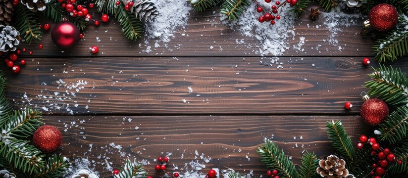 Merry Christmas and Happy Holidays greeting card banner frame New Year Happy New Year card featuring snow on a wooden background Winter holiday theme Flat lay copy space
