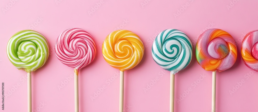 Fototapete top view of brightly colored swirl lollipops on wooden sticks set against a pink background. with co