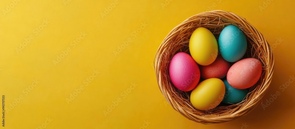 Aufkleber easter traditions brightly colored easter eggs in a basket on a yellow background top view with copy