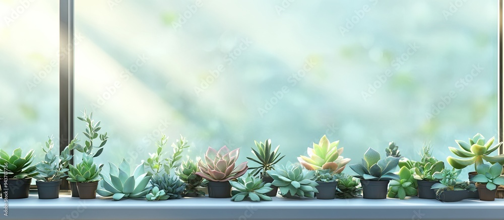 Fototapete collective arrangement of succulents on the windowsill. with copy space image. place for adding text