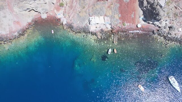 Aerial view of the volcano coasts of Santorini island in Greece