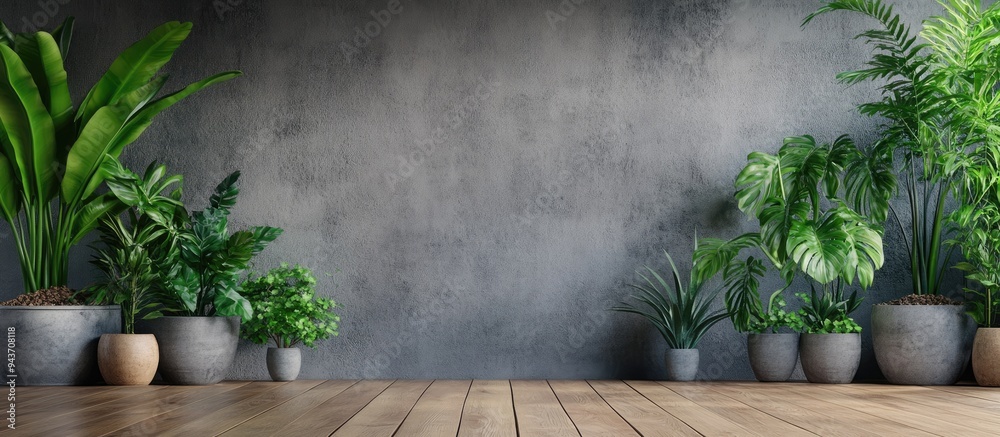 Aufkleber potted plants on a wooden indoor floor. with copy space image. Place for adding text or design