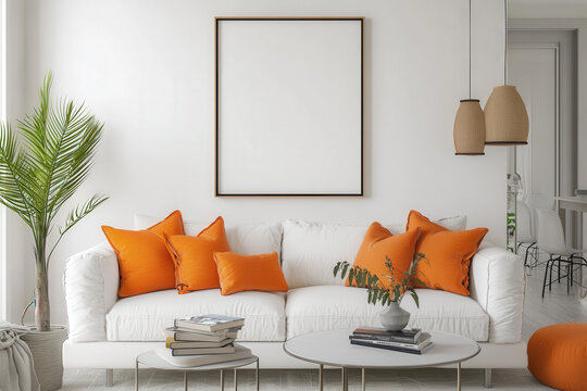 Pared blanca y sofa blancos, cuadroen blanco y cojines en tonos naranjas, mesabaja con decoracion en una sala de estar vista de frente