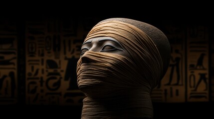 A stunning photograph of a mummy mask, showcasing intricate details and rich history, with a mysterious and captivating atmosphere.