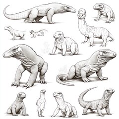 Naklejka premium A collection of illustrated prehistoric reptiles and synapsids in various poses.