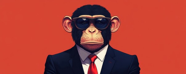 A stylish monkey character dressed in a suit and sunglasses against a vibrant orange background.