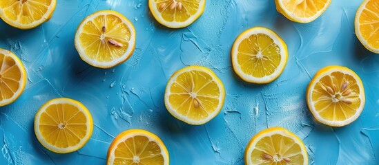 Fototapeta premium Sliced juicy lemon on a blue backdrop Copy space Fresh fruits Fruit backdrop Summer celebration Birthday Bright and colorful
