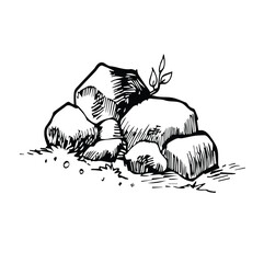 Stones on grass in doodle style. Hand drawn vector illustration of grass and stones