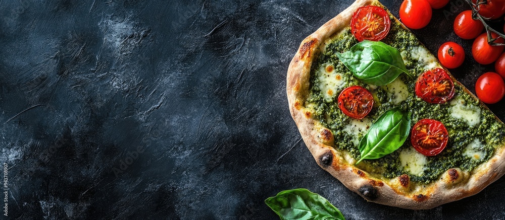 Leinwandbilder pizza featuring green pesto and fresh tomatoes on a dark background top view. with copy space image.