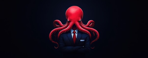 Naklejka premium A surreal octopus dressed in a suit, blending elegance with marine elements in a dark, moody atmosphere.