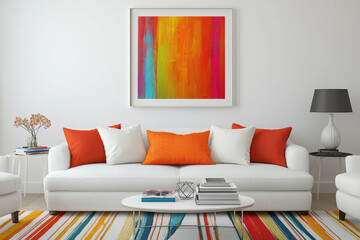 Pared blanca y sofa blancos, cuadro abstracto y cojines en tonos naranjas,mesita baja con decoracion en una sala de estar vista de frente