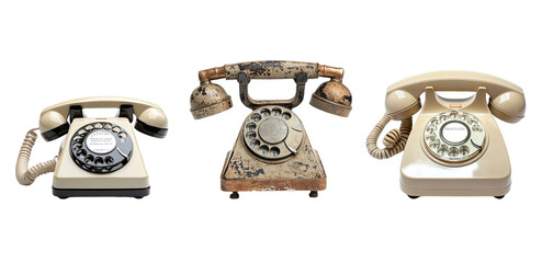 Three vintage rotary dial telephones in different states of wear and tear.