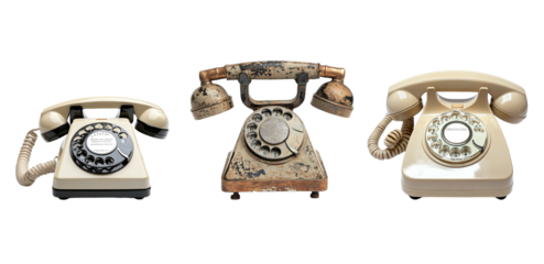 Three vintage rotary dial telephones in different states of wear and tear.