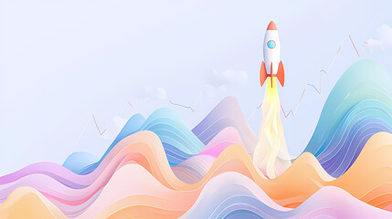 A colorful rocket launches into vibrant landscape of waves, symbolizing growth and innovation. scene evokes sense of excitement and aspiration.