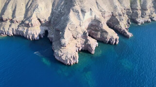 Aerial view of the volcano coasts of Santorini island in Greece