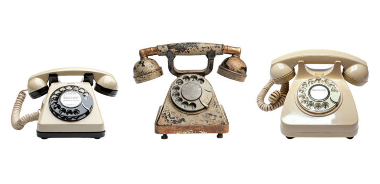 Three vintage rotary dial telephones in different states of wear and tear.