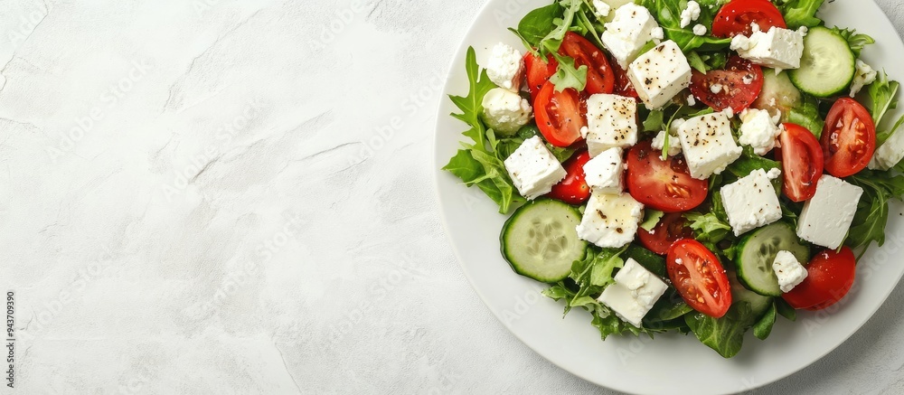 Poster A fresh vegetable salad with feta cheese on a white plate set against a light slate stone or concrete background Top view with copy space